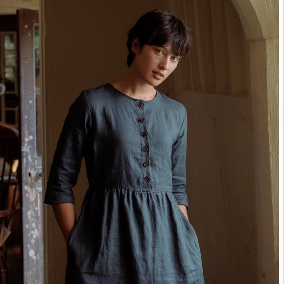 NWOT Pyne and Smith Model No.14 Button Up Full Length Linen Dress in Toast Linen - Picture 16 of 16